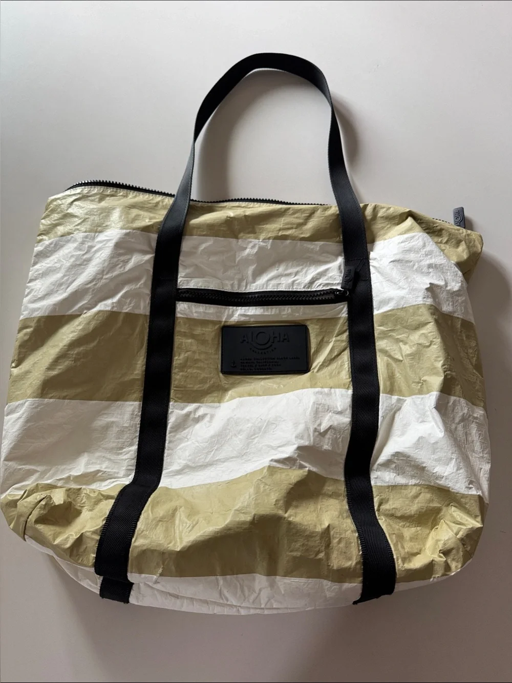 ALOHA Olive & White Striped Tote with Black Handles